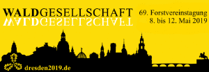 Logo der Forstvereinstagung mit schwarzer Stadtsilhouette auf gelben Grund